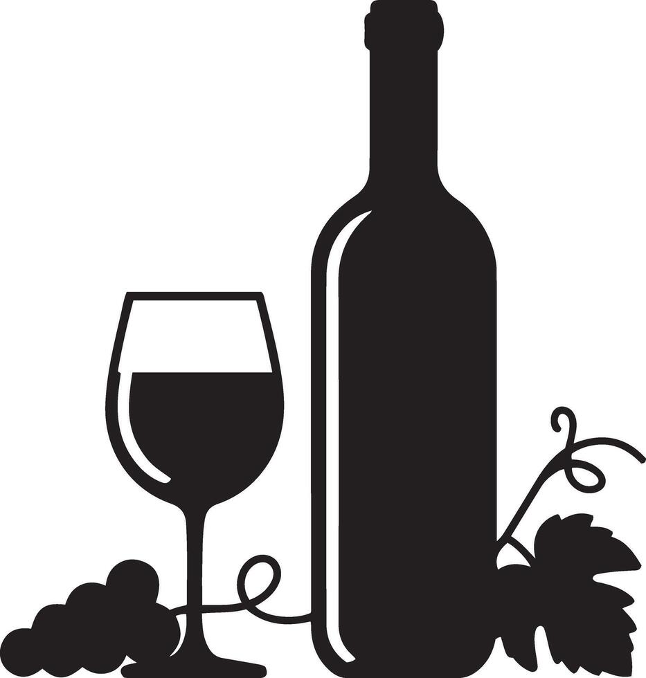 Black and white illustration of wine bottle, glass, and grapes vector