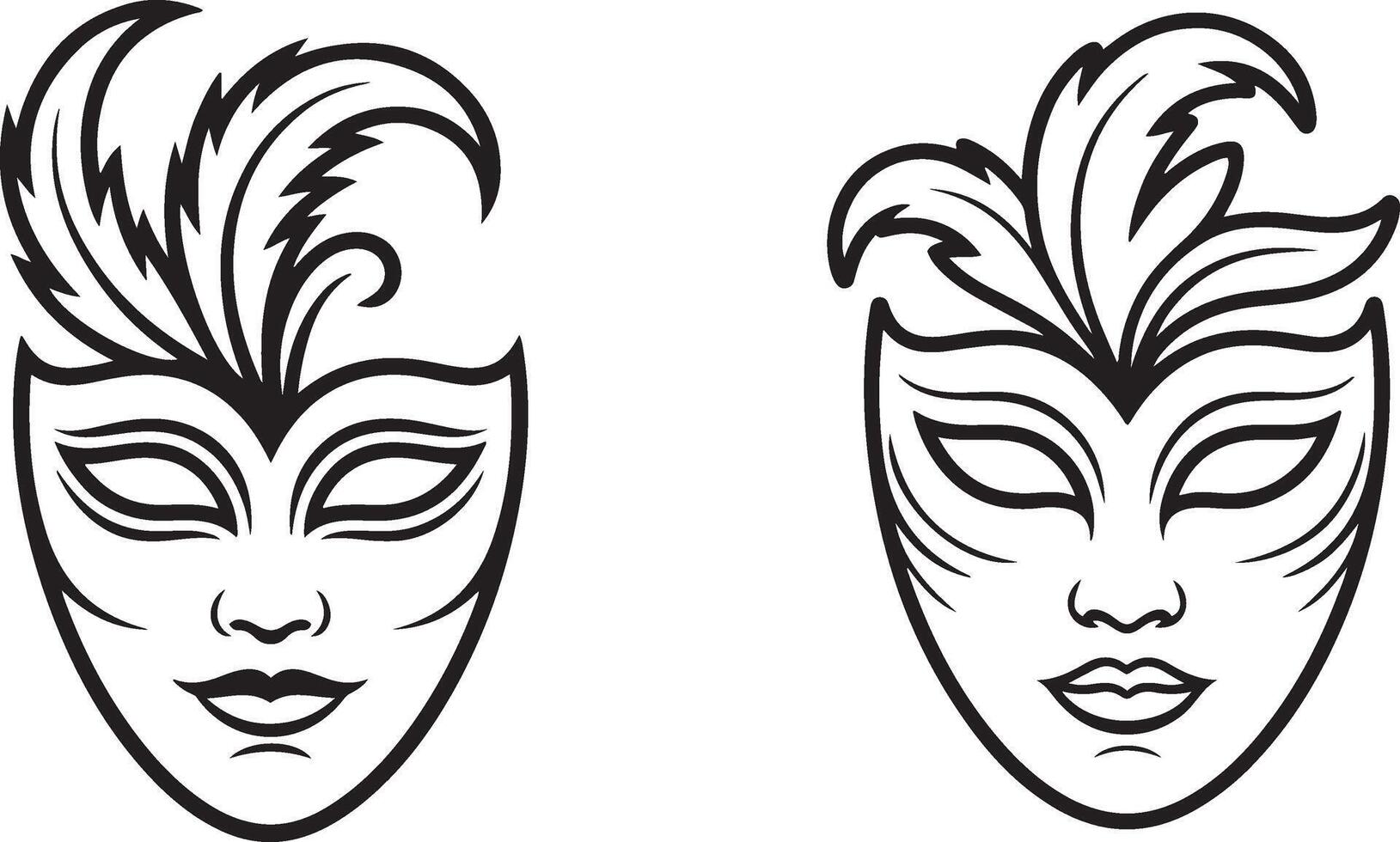 Two elegant Venetian masquerade masks with feather details, black and white line art illustration vector