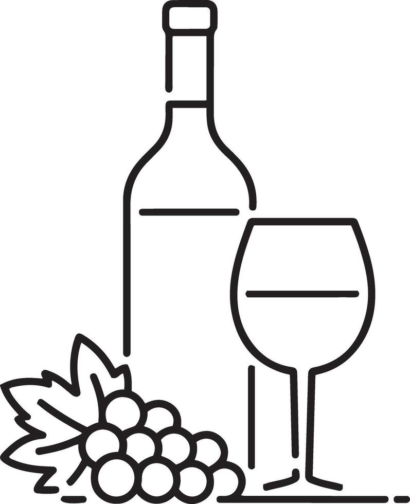 Line art illustration of wine bottle, glass, grapes vector