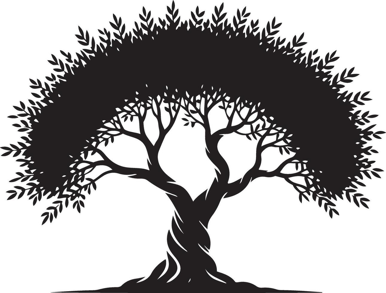 Silhouette of a majestic olive tree, sprawling branches, black and white illustration, nature graphic, botanical art, simple design, elegant style, vector
