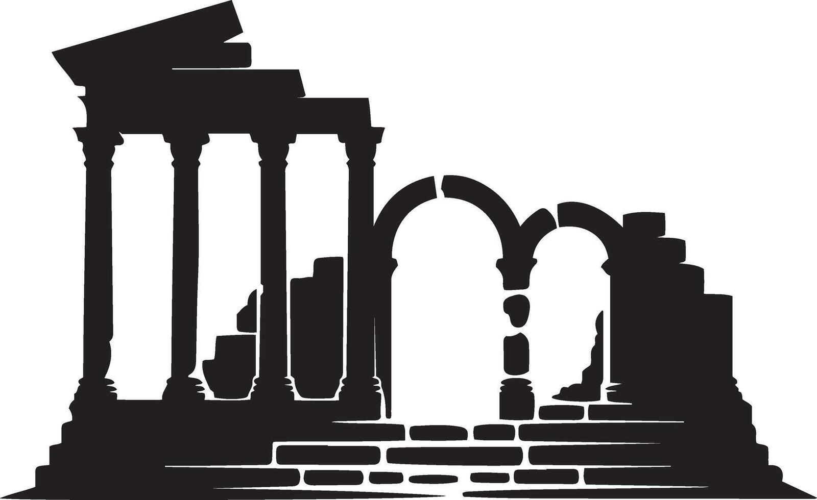 Silhouette of ancient Roman ruins, columns, arches, and stone steps vector