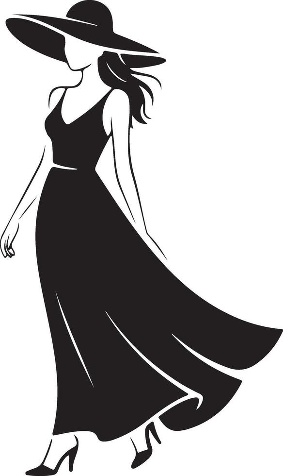 Elegant woman in black dress and wide-brimmed hat walking gracefully vector
