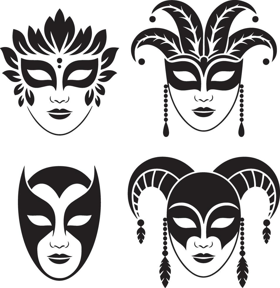Four elegant black and white masquerade ball masks silhouette illustration vector