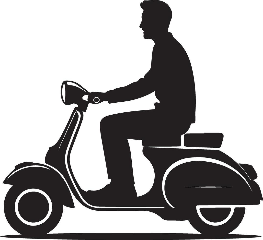 Silhouette of a man riding a vintage scooter, side profile, black and white illustration vector