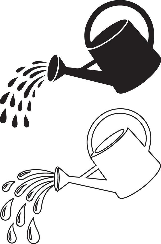 watering can pours water sillhouette and line art vector