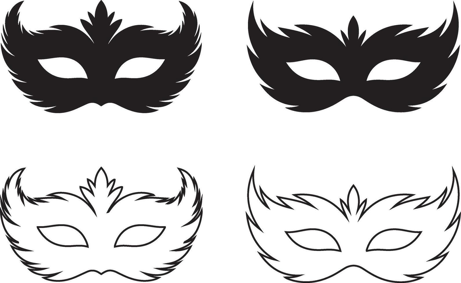 Four ornate masquerade masks, black, white, filled, outline, elegant design vector