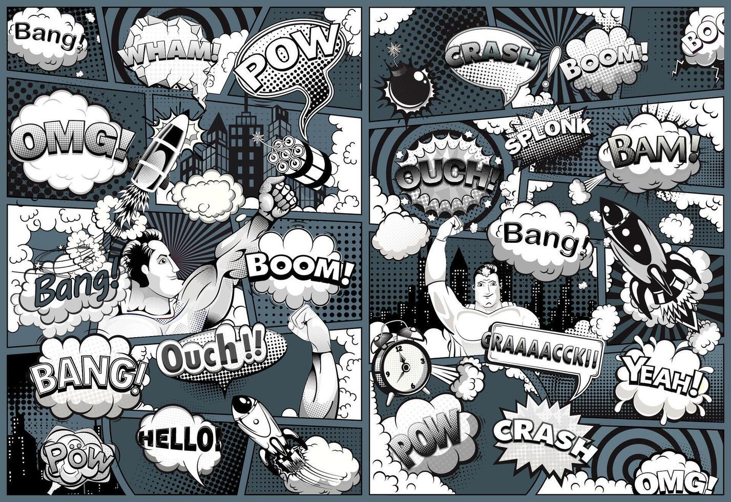 Comic speech bubbles with action sounds vector