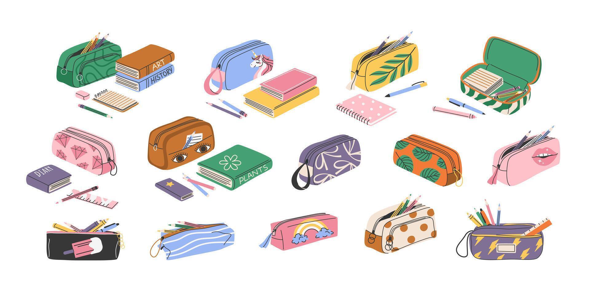 Colorful pencil cases and stationery items vector