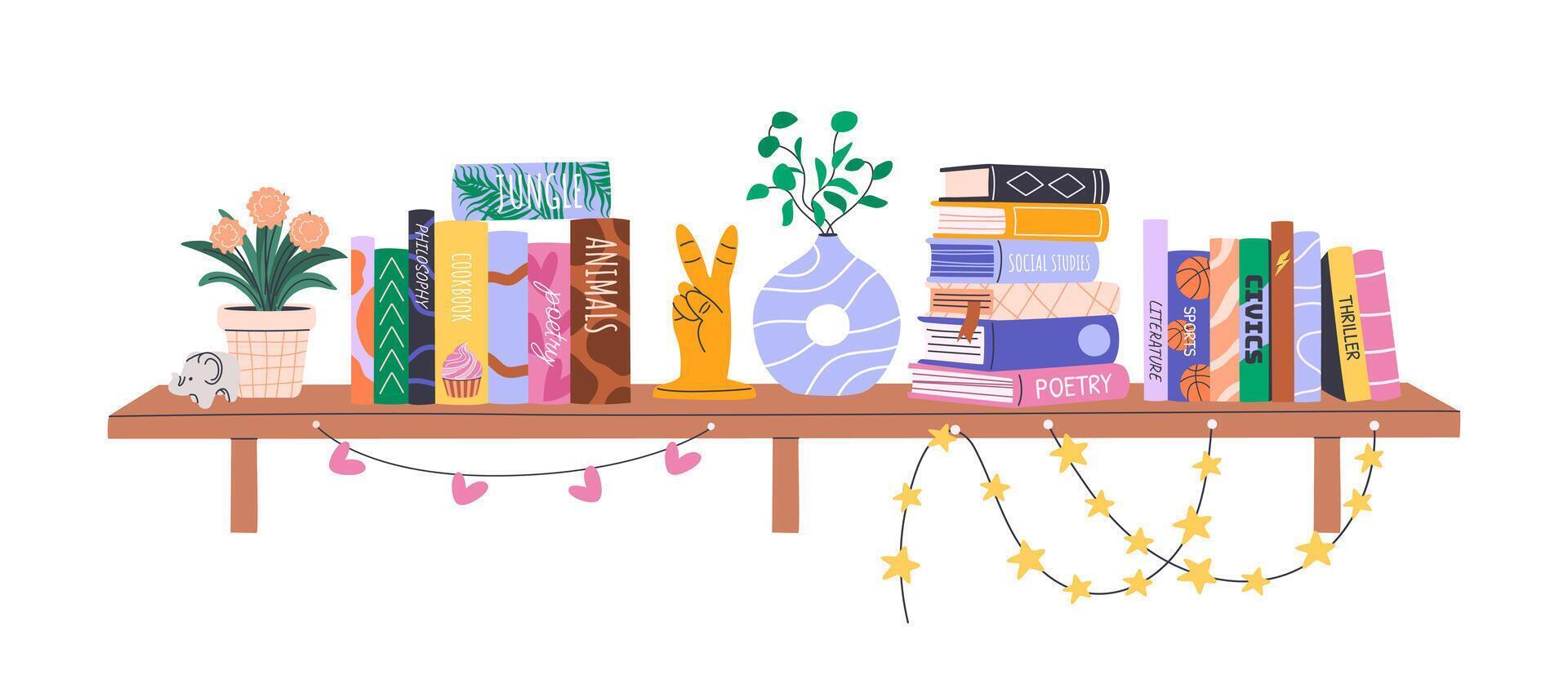 Colorful bookshelf with plants and decorations vector