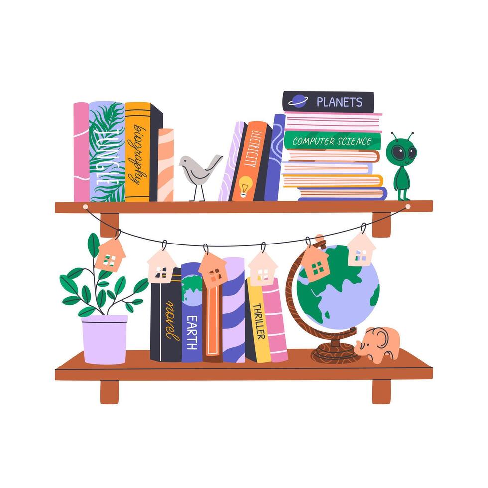 Colorful bookshelf with books and plants vector