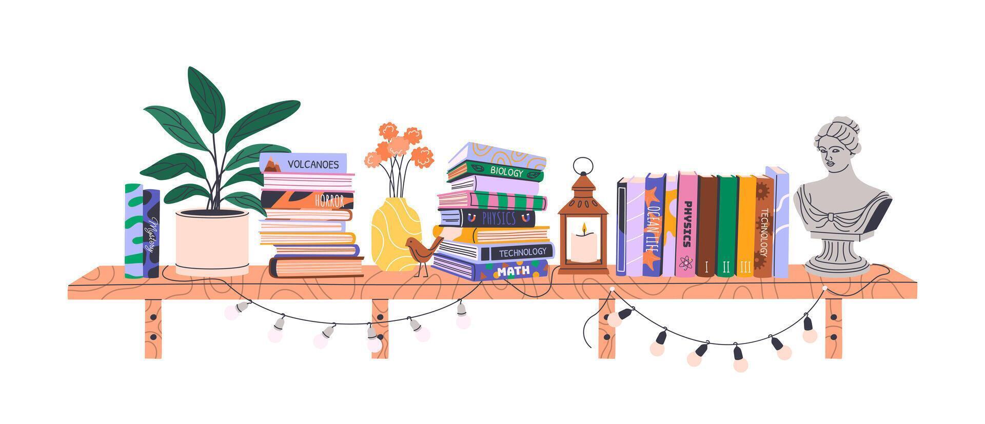 colorful bookshelf with plants and decor vector