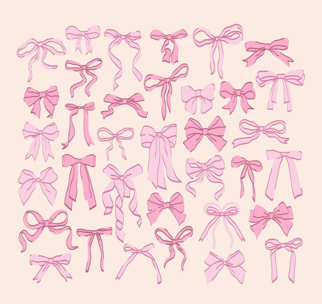 Cute coquette ribbon bow collection. Hand drawn ribbon decoration. Coquette aesthetic. vector
