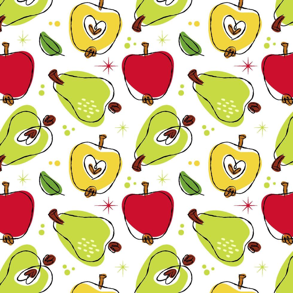 Fruits and berries pattern featuring apples and pears. 50s retro style illustrations with decorative stars and leaves. Bold colors like red, green, and yellow against a transparent background. vector
