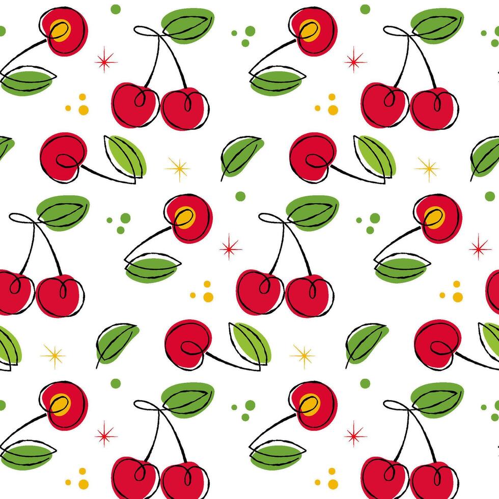 Pattern with red cherries and green leaves in 50s retro style. Seamless background for fabric design, wrapping paper, summer theme. vector