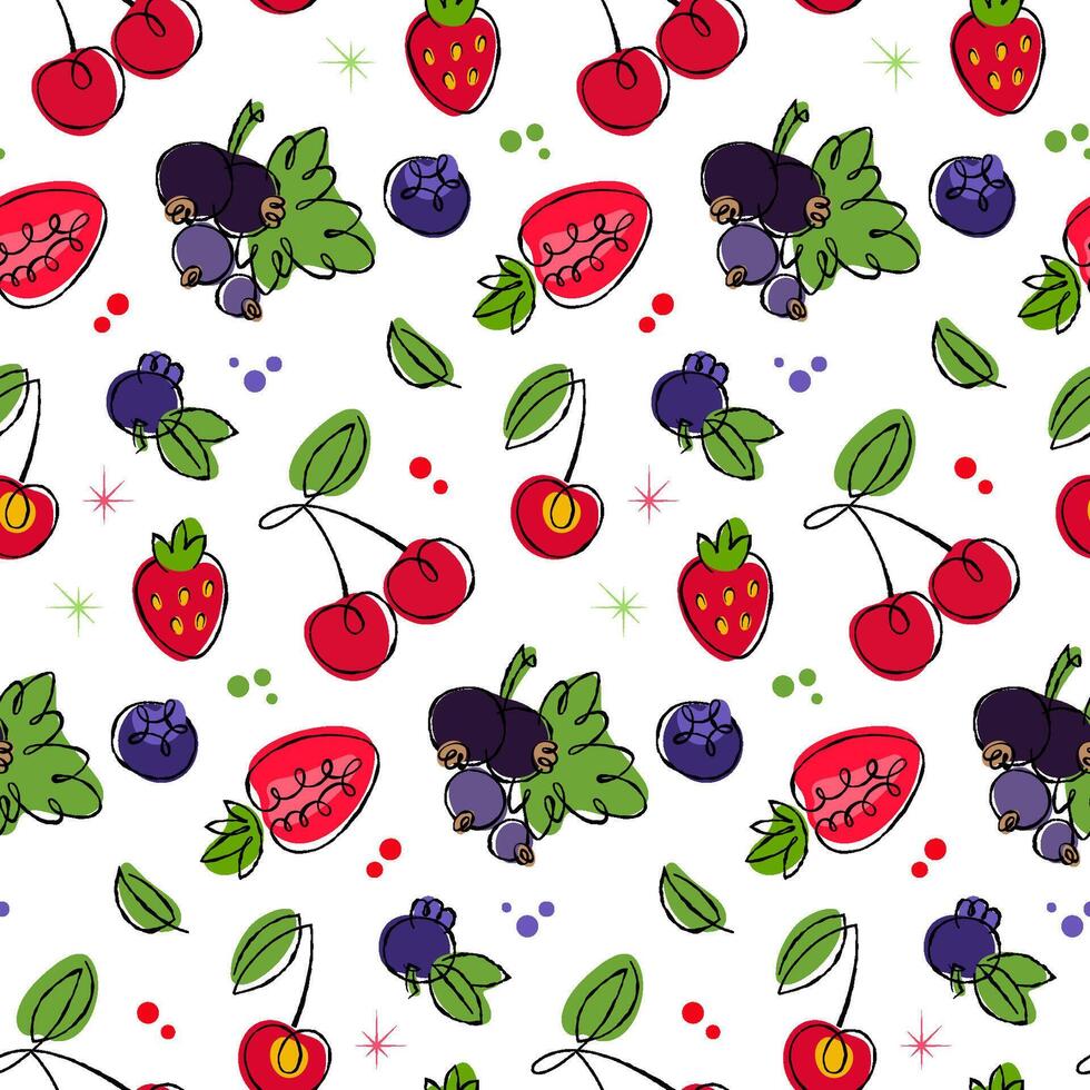 Colorful berries and fruits seamless 50s retro style pattern, hand drawn doodle art for fabric, packaging on transparent background. vector