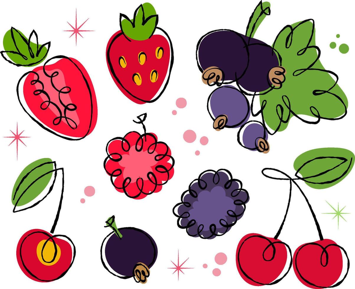 Hand drawn fruit and berry collection with strawberry and cherry illustrations on transparent background. Cute style for summer. vector