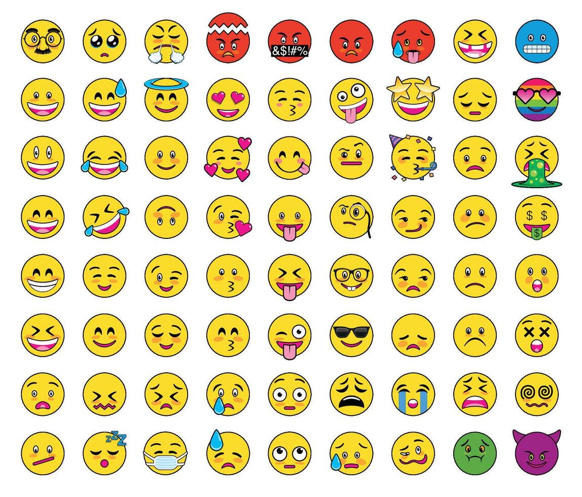 Set of 72 round, flat yellow emojis with different facial expressions happy, naughty, crying, in love, sick, partying, surprised, evil, and with the LGBTI flag vector