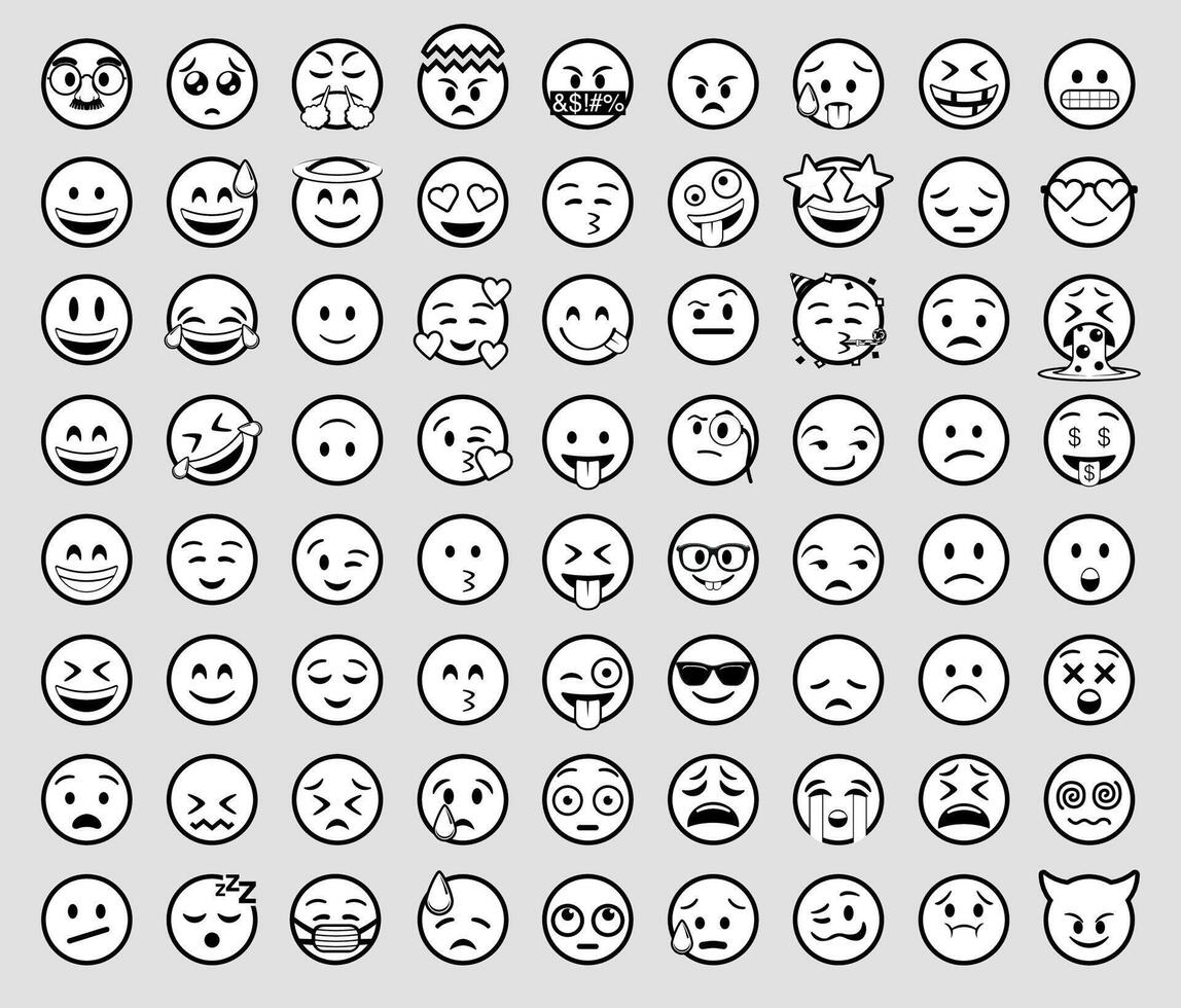 Set of 72 round white emojis with a black line depicting different facial expressions happy, naughty, crying, in love, sick, partying, surprised, and evil vector