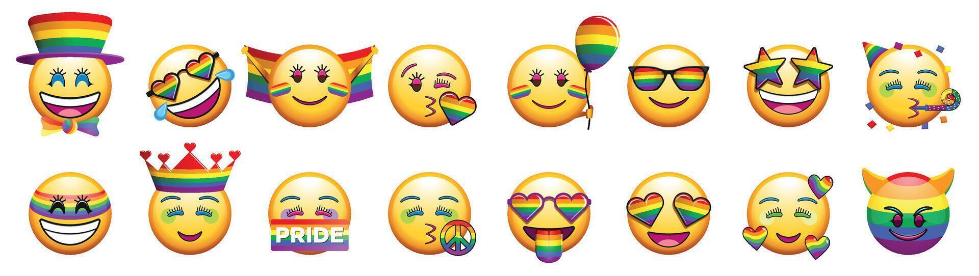 Round yellow LGBT-themed emojis with different facial expressions happy, naughty, in love, partying, laughing, and evil. vector
