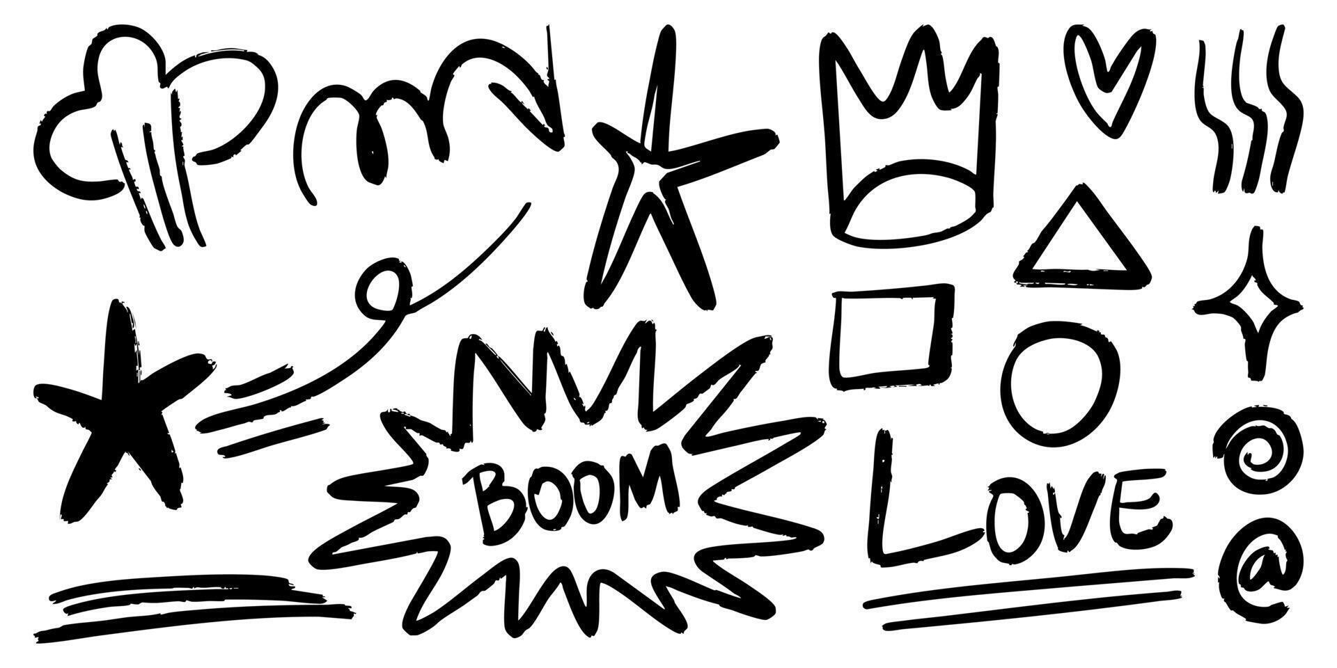 Hand Drawn Black Brush Doodle Elements Set Stars, Shapes, Love Text, and Comic Effects vector