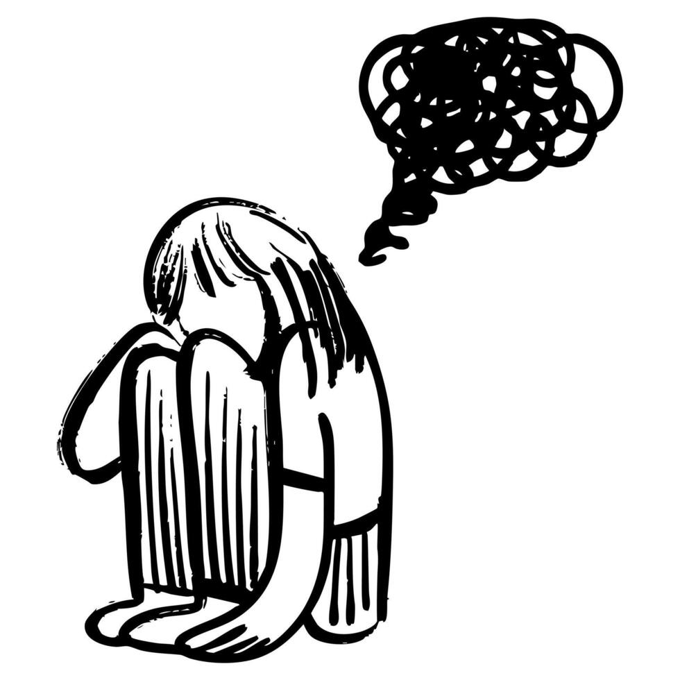 hand drawn confusion concept. Girl with anxiety touch head surrounded by think Mental disorder and chaos in consciousness, finding answers. vector