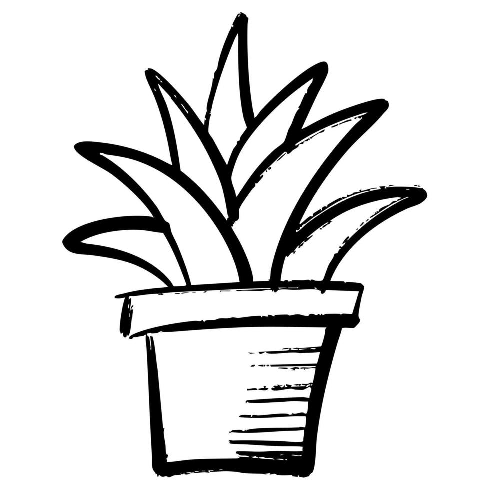 Hand drawn black and white doodle illustration of a potted plant with bold, sketchy lines. vector