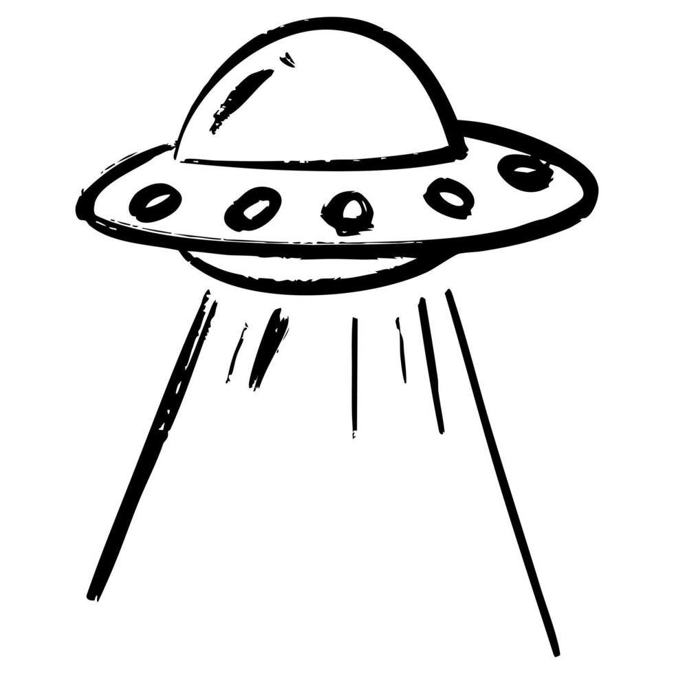 Hand Drawn Black and White UFO Illustration with Light Beam vector