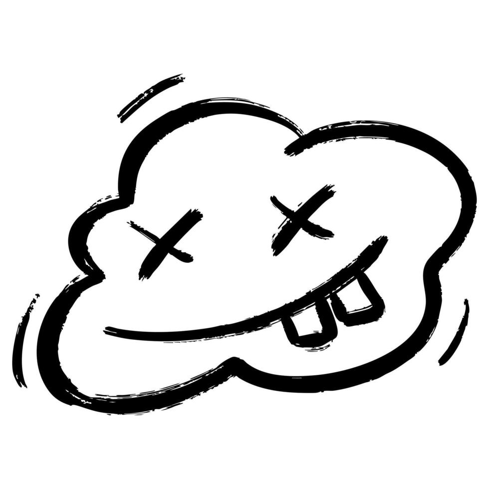 Playful black and white doodle of a cartoon cloud featuring crossed out eyes and a goofy smile with big teeth. vector