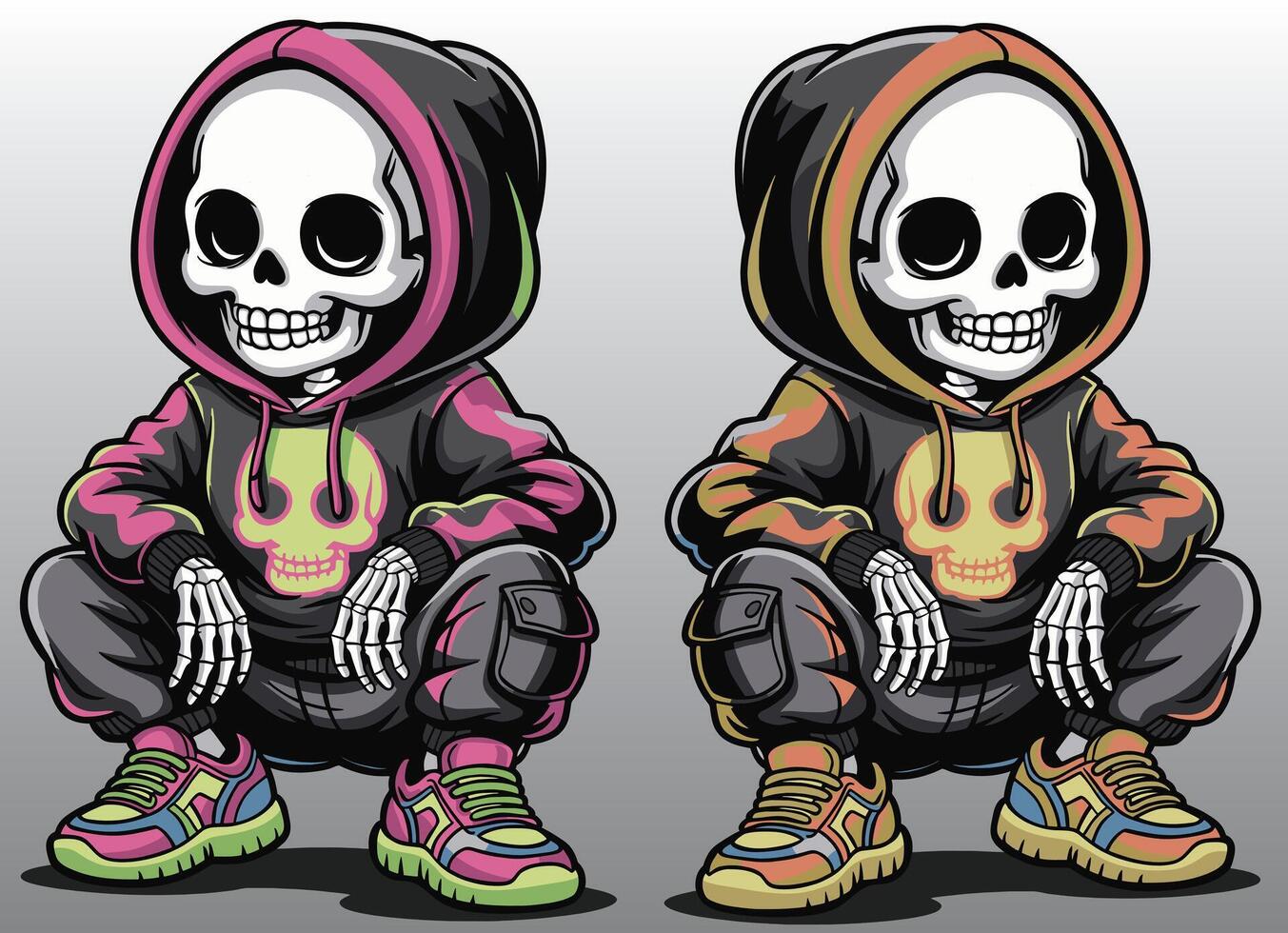 A fashionable skeleton in a hoodie and sneakers, crouched down. vector