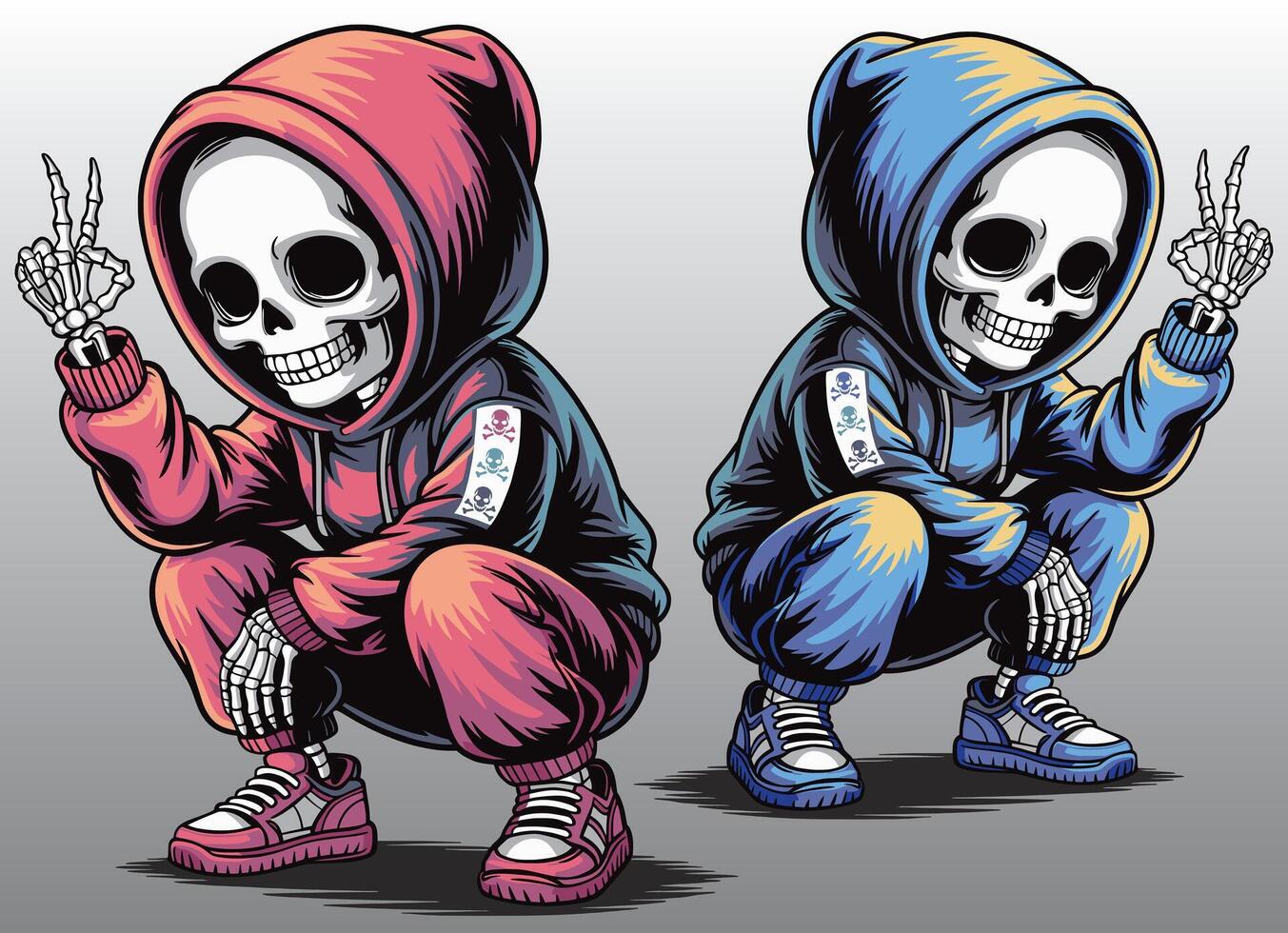 A crouched skeleton wearing a hoodie and sneakers. vector