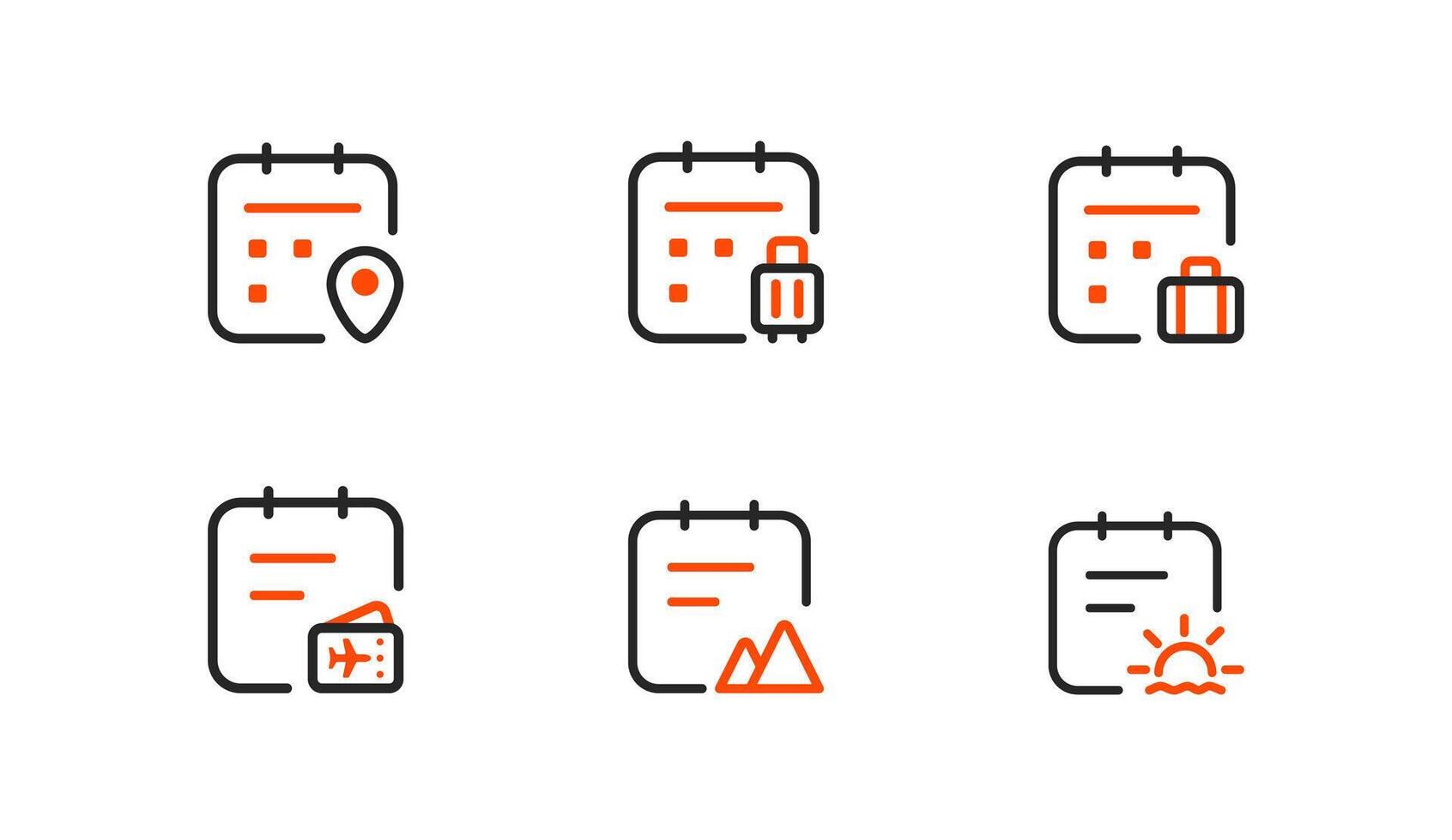 Travel-themed calendar icons, destination planning, packing, visa or passport checks, adventure trips, and vacation sunsets. Ideal for travel apps and itinerary management. vector