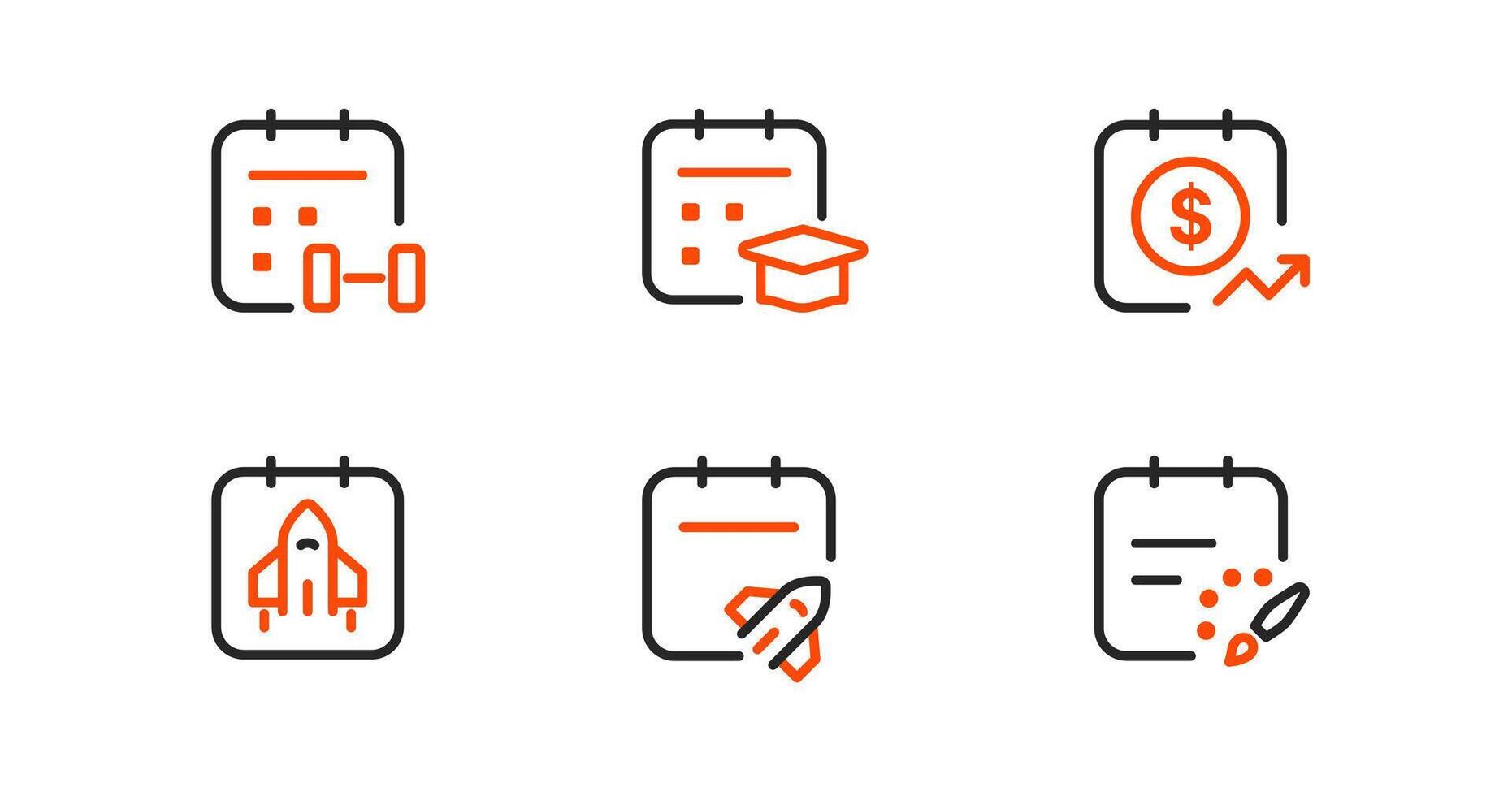 Specialized calendar icon set, fitness, academic, sales target, project kick-off, and creative planning. Perfect for diverse scheduling apps and business tools. vector