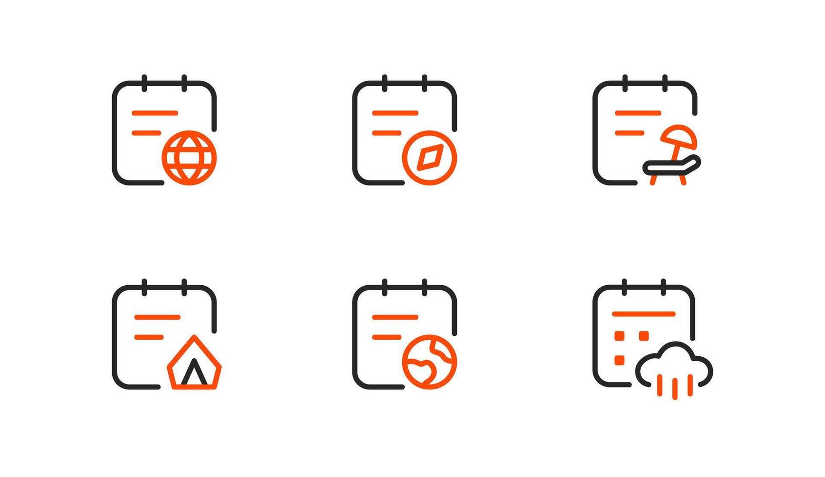 Travel and outdoor calendar icons, global trips, route planning, beach relaxation, camping, and weather tracking. Ideal for vacation and adventure planning apps. vector
