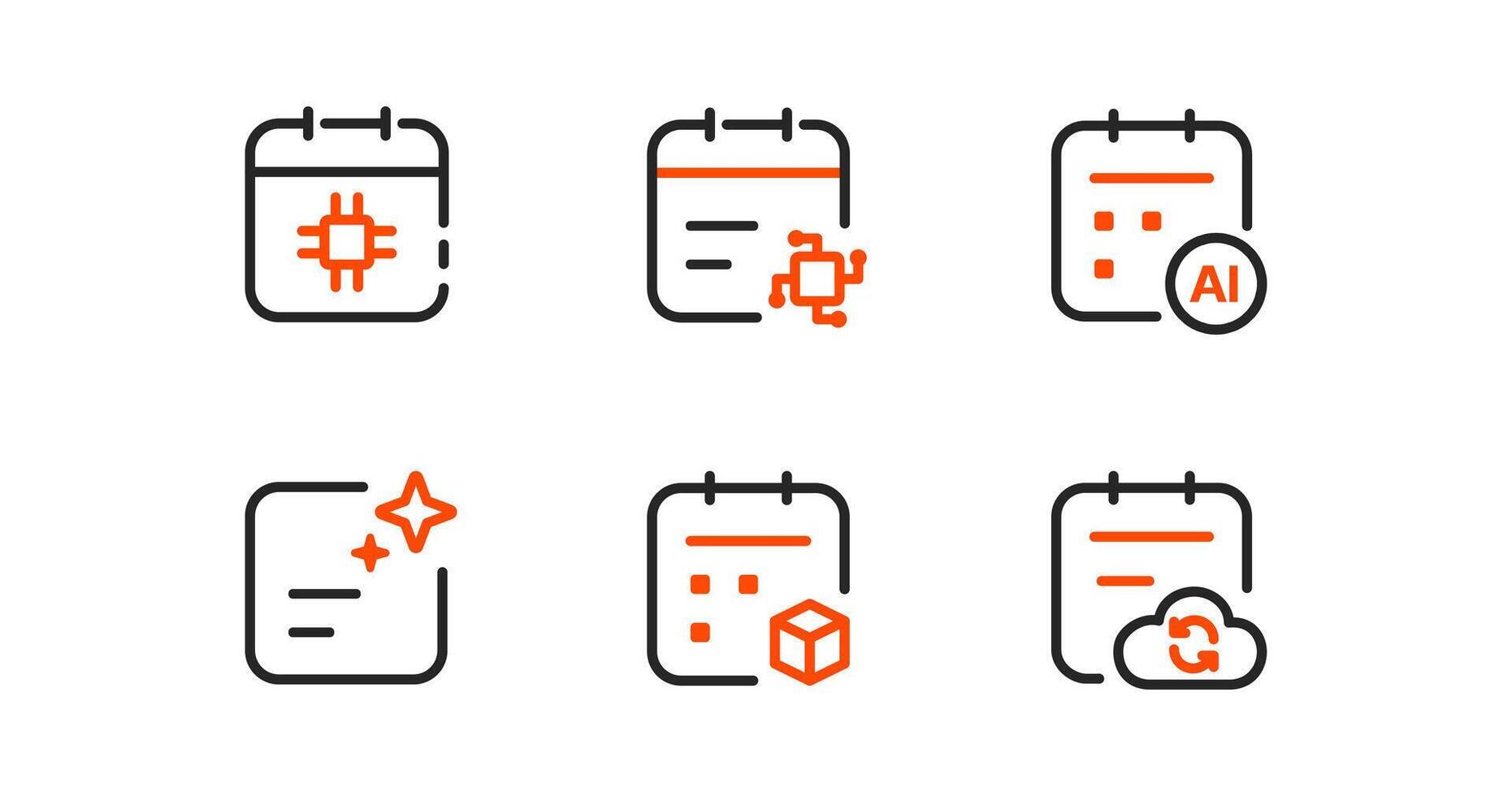 Modern calendar icons, AI events, Web3 launches, and real-time cloud updates. Ideal for cutting-edge tech, blockchain, and automated scheduling applications. vector