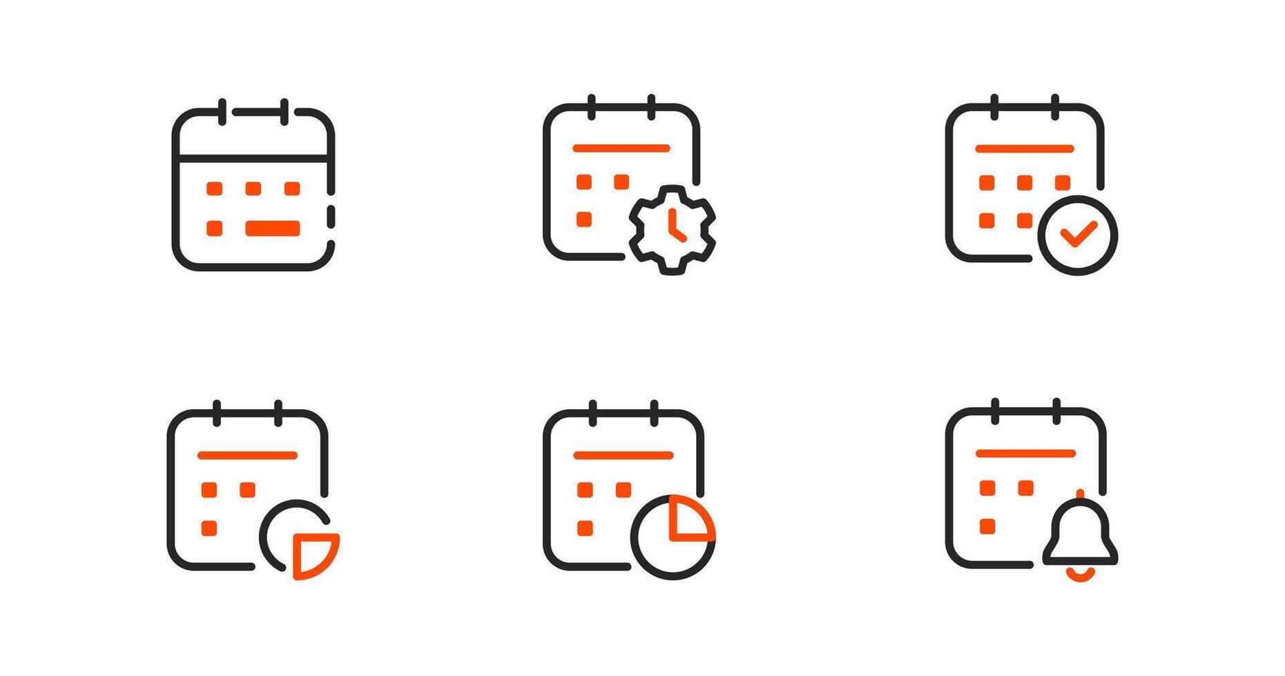 Modern calendar icon set featuring essential symbols for event scheduling, time management, appointments, and task reminders. Ideal for business apps, web interfaces, and digital planners. vector