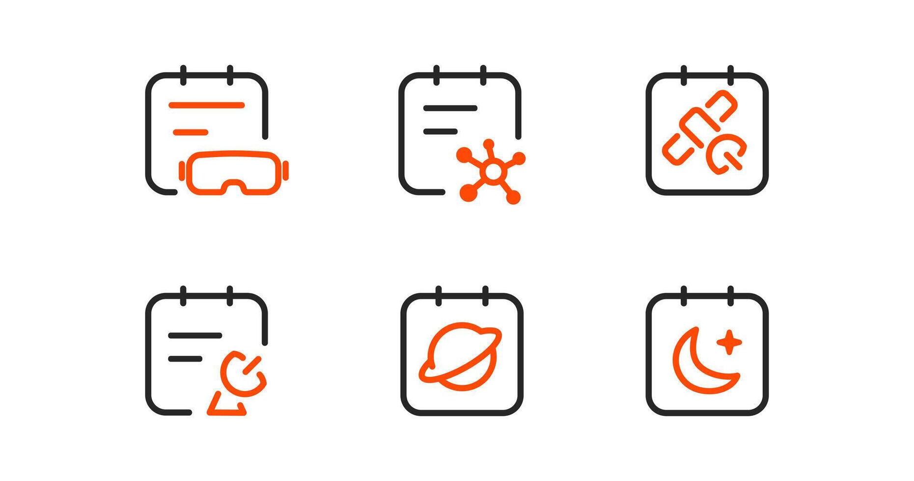 Futuristic calendar icons, virtual events, smart scheduling, GPS reminders, space missions, and night-time planning. Ideal for tech, science, and specialized scheduling apps. vector