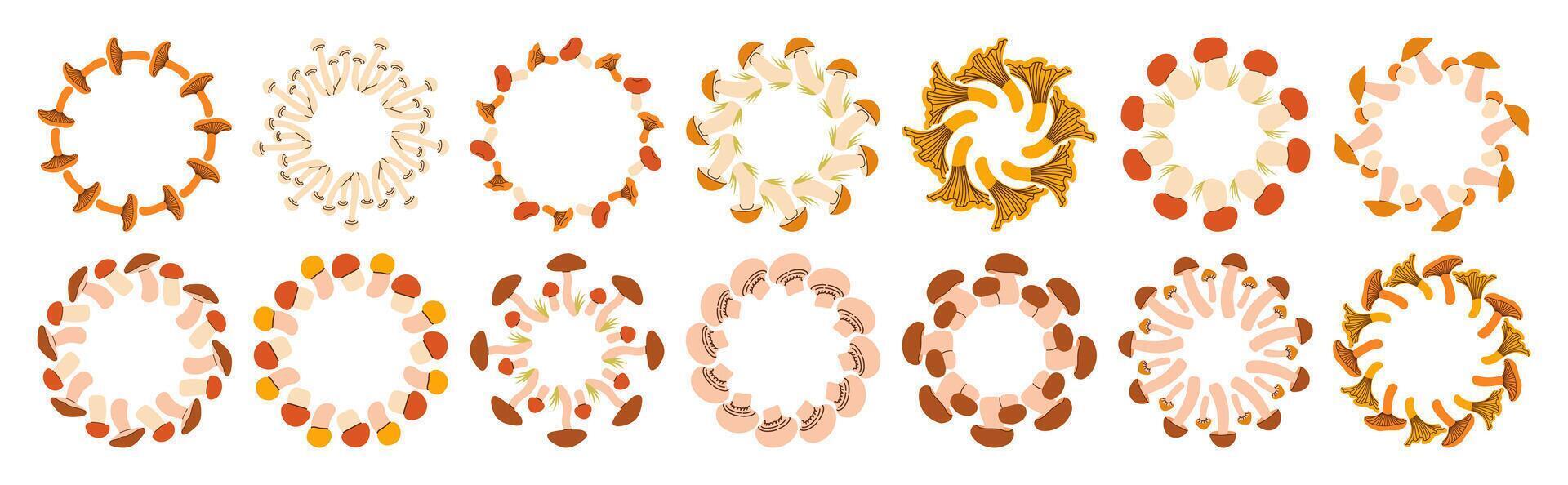 Mushroom circle frame set. Round border made of fall mushrooms. The mushrooms have different shapes and are arranged in a circle. flat isolated on white background. vector