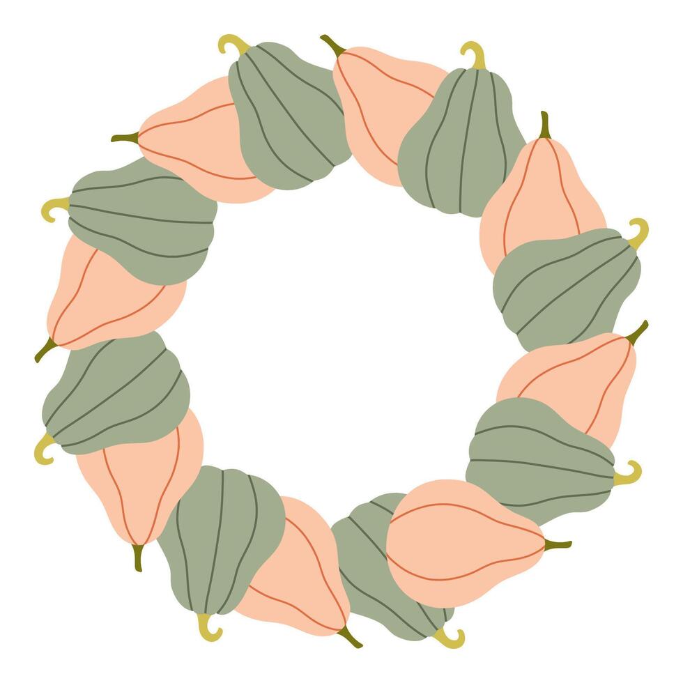 Blue and pink pumpkin circle frame. Round border made of fall pumpkins. The pumpkins have different shapes and are arranged in a circle. flat isolated on white background. vector