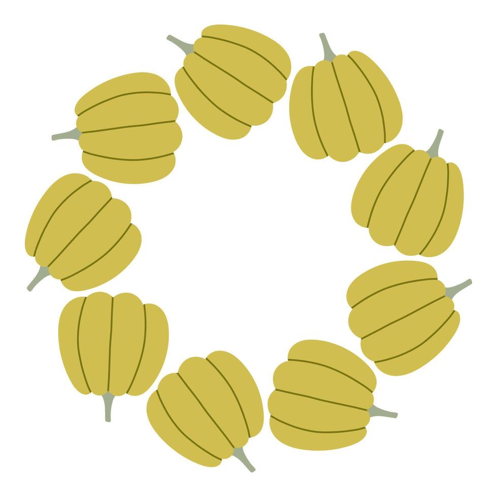 Green simple pumpkin circle frame. Round border made of fall pumpkins. The pumpkins have different shapes and are arranged in a circle. flat isolated on white background. vector