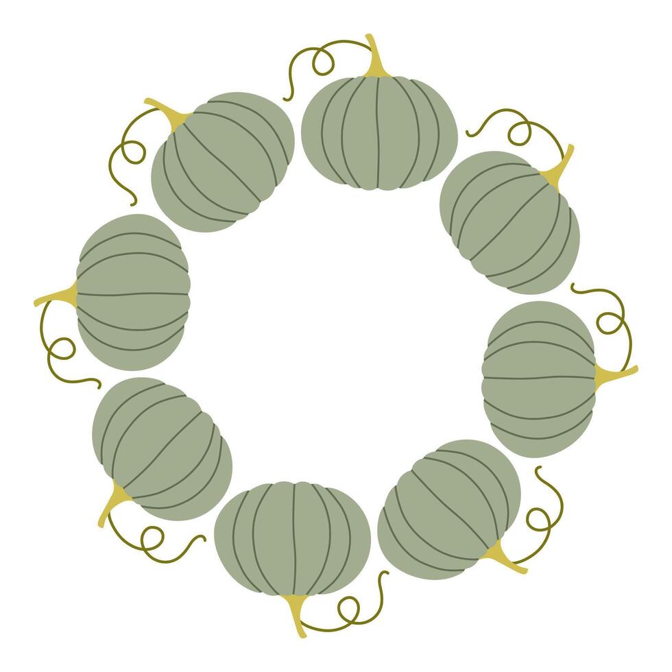 Blue pumpkin circle frame. Round border made of fall pumpkins. The pumpkins have different shapes and are arranged in a circle. flat isolated on white background. vector