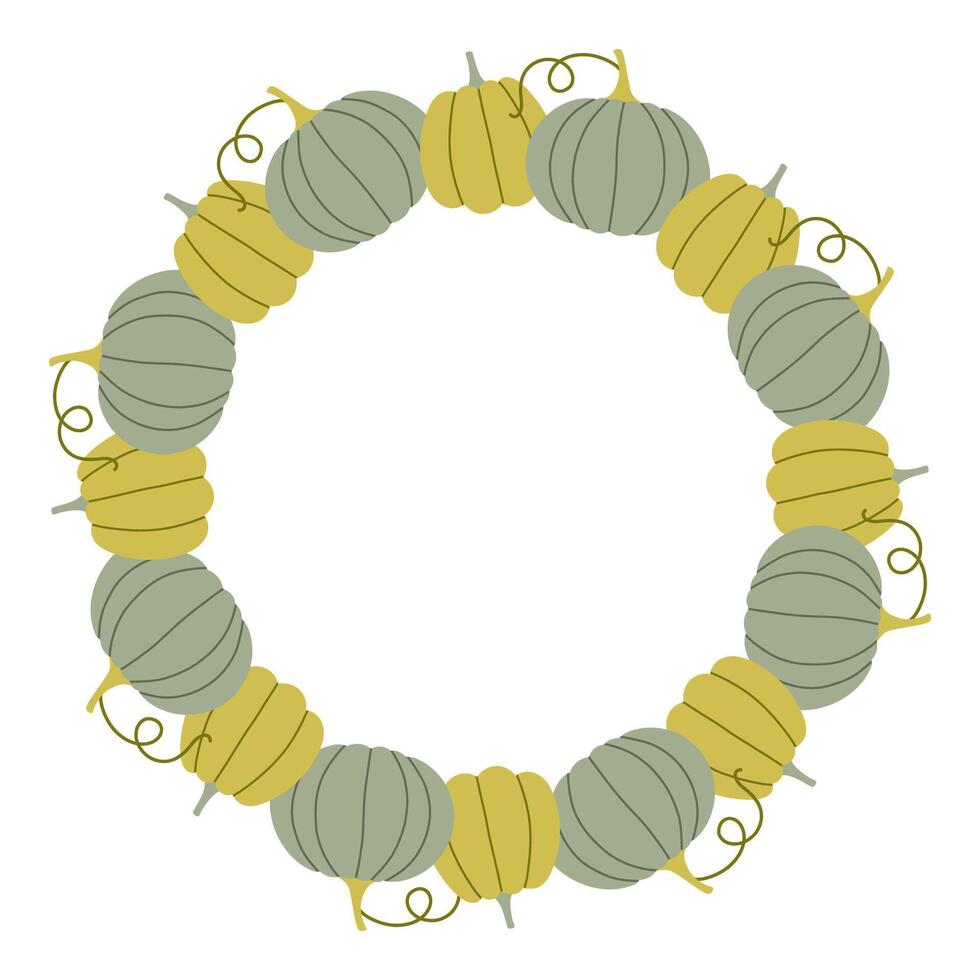 Green pumpkin circle frame. Round border made of fall pumpkins. The pumpkins have different shapes and are arranged in a circle. flat isolated on white background. vector