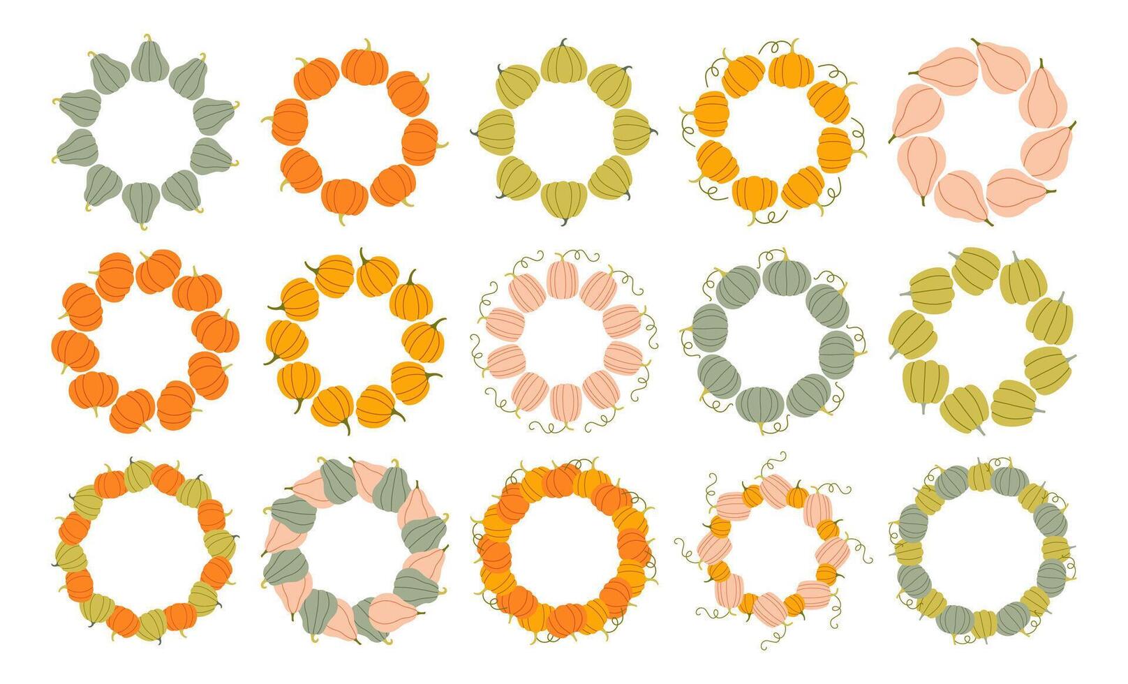 Pumpkin circle frame set. Round border made of fall pumpkins. The pumpkins have different shapes and are arranged in a circle. flat isolated on white background. vector