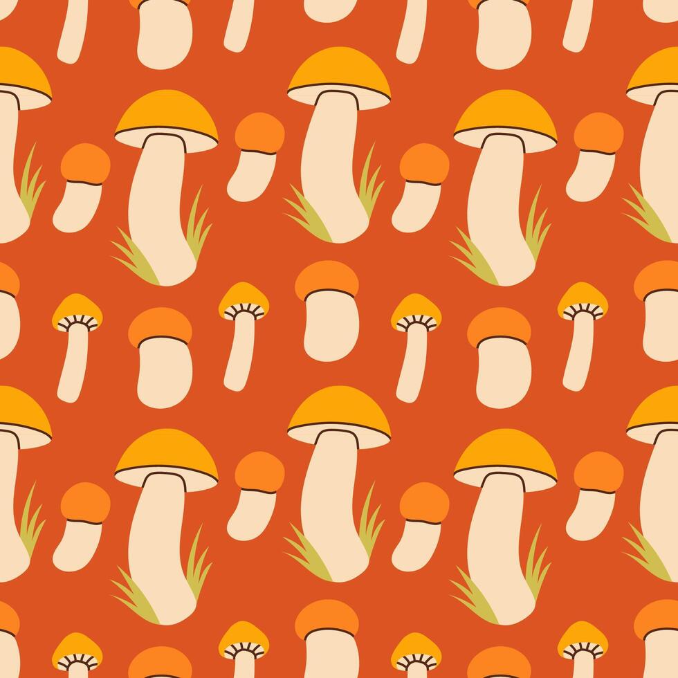 Mushrooms seamless pattern. Autumn isolated mushrooms on red background. Square repeat pattern flat design for fall season. vector