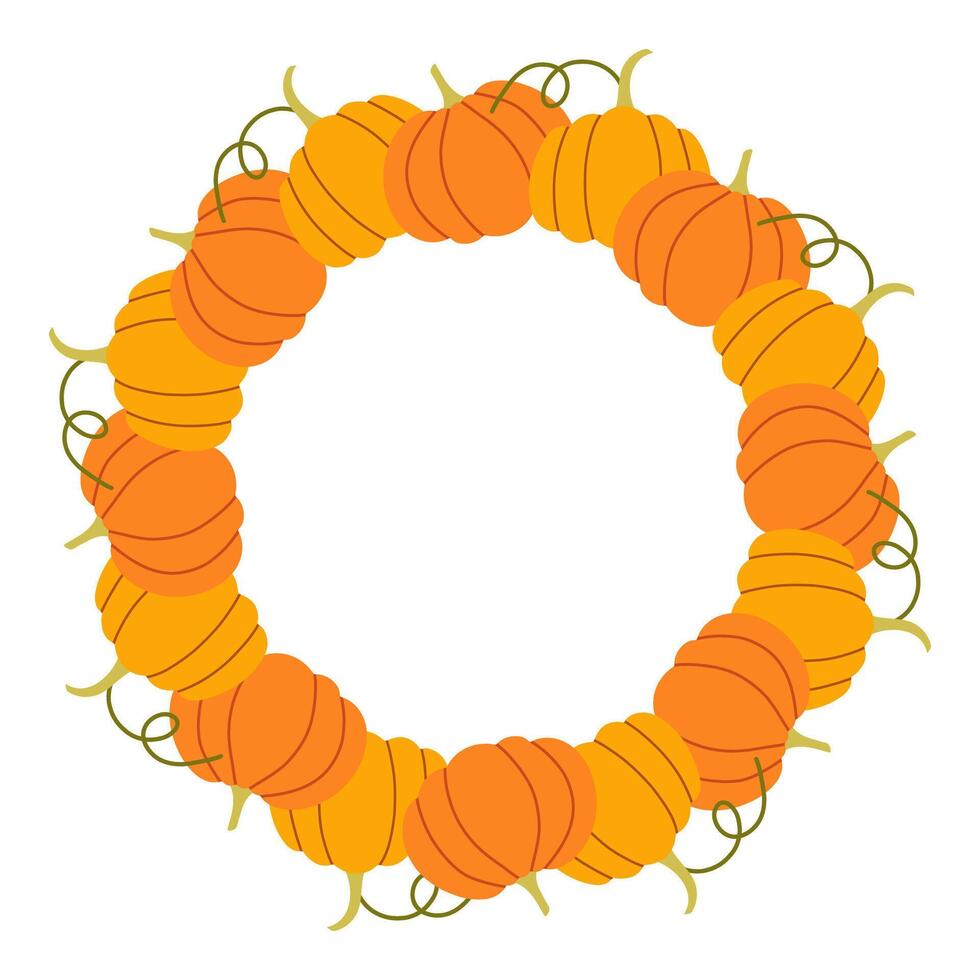 Simple pumpkin circle frame. Round border made of fall pumpkins. The pumpkins have different shapes and are arranged in a circle. flat isolated on white background. vector