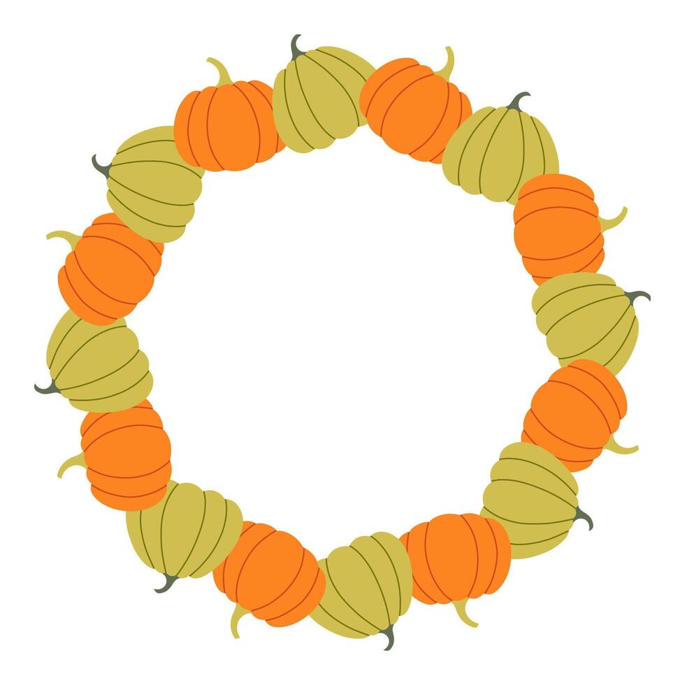 Green and orange pumpkin circle frame. Round border made of fall pumpkins. The pumpkins have different shapes and are arranged in a circle. flat isolated on white background. vector