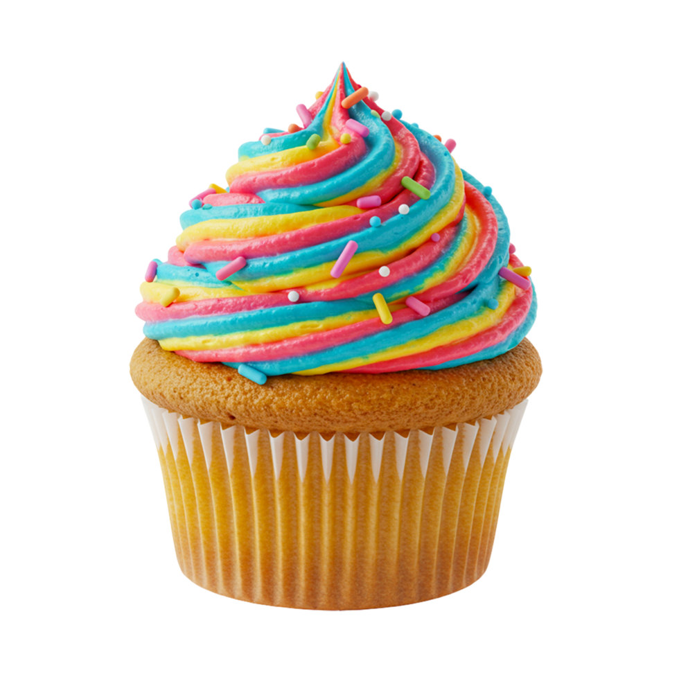 Vibrant Rainbow Swirl Cupcake with Sprinkles png