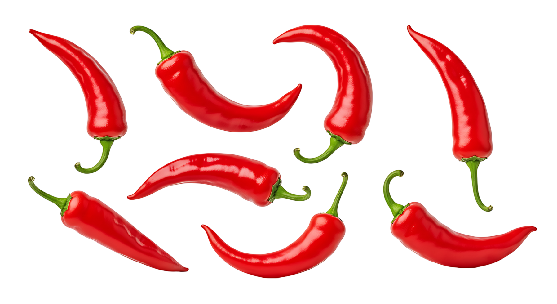 Glossy Red Chili Peppers with Fresh Green Stems Floating in Air png