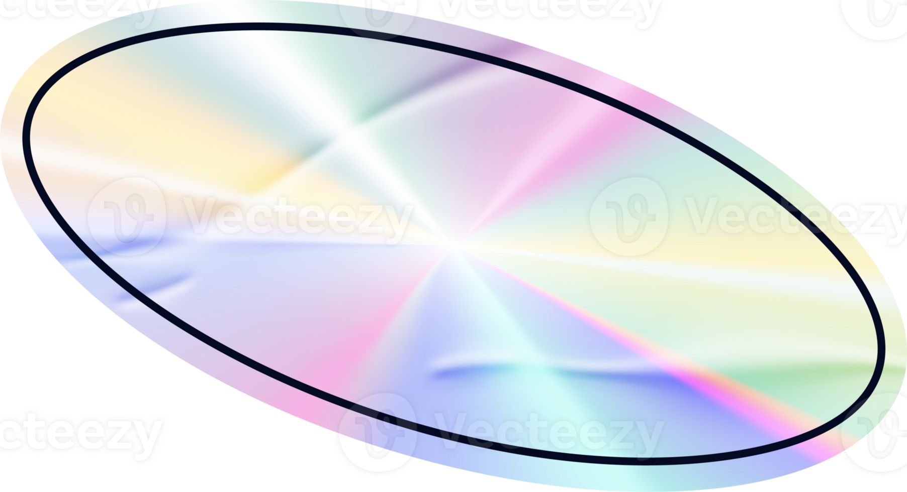 Holographic silver oval sticker. Gradient foil label with geometric shape. Metal stamp with neon iridescent texture. Rainbow tape for certificates and original products. png