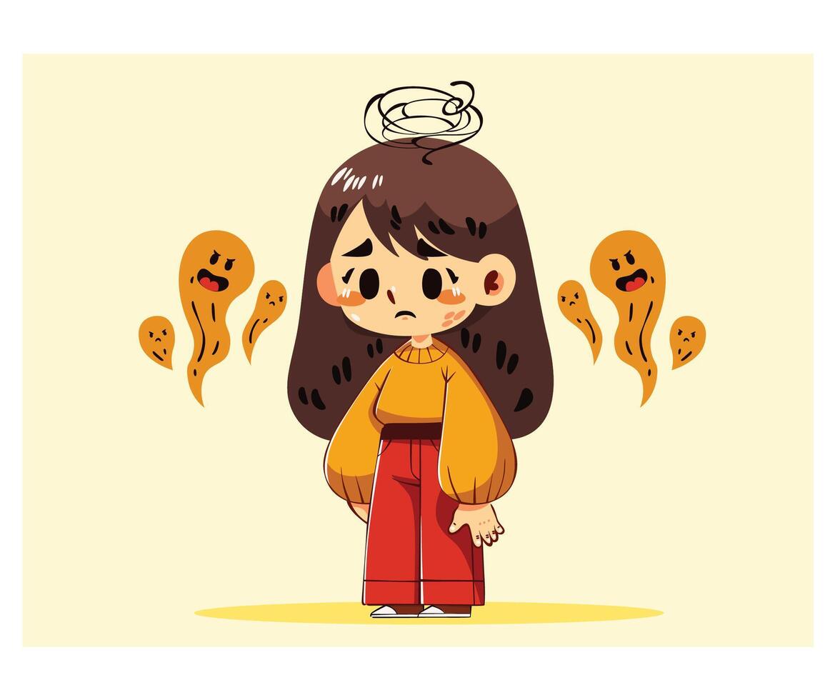 Cartoon girl with ghosts illustration vector