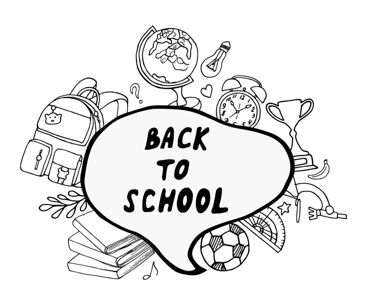 Back to school line drawing. Hand drawn black and white graphics. Composition of school items in doodle style globe, alarm clock, backpack, books, stationery. For notebook design, posters, poster vector